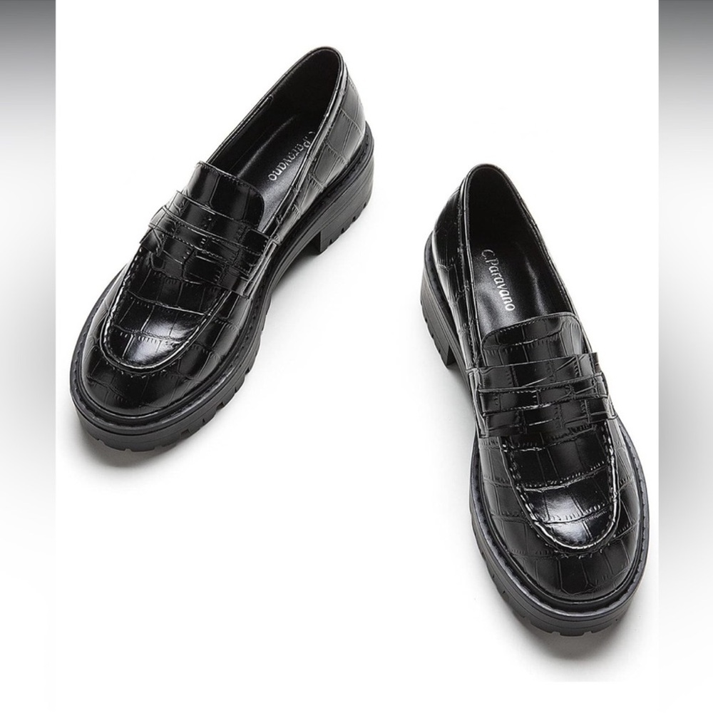 C Paravano Chunky Patent Leather Crocodile Print Loafers Black Size 40 BNIB